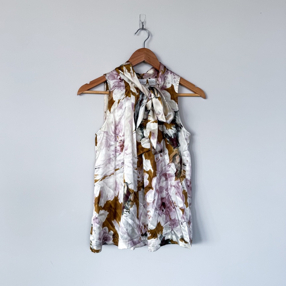 Spiegel Vintage VTG 100% Silk Cream Floral Sleeveless Blouse High Neck Tie